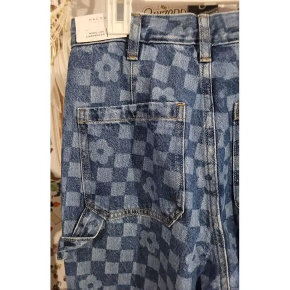 Pacsun Jeans Womens 26 Patchwork Floral Wide Leg Carpenter Raw‎ Hem Denim Retro